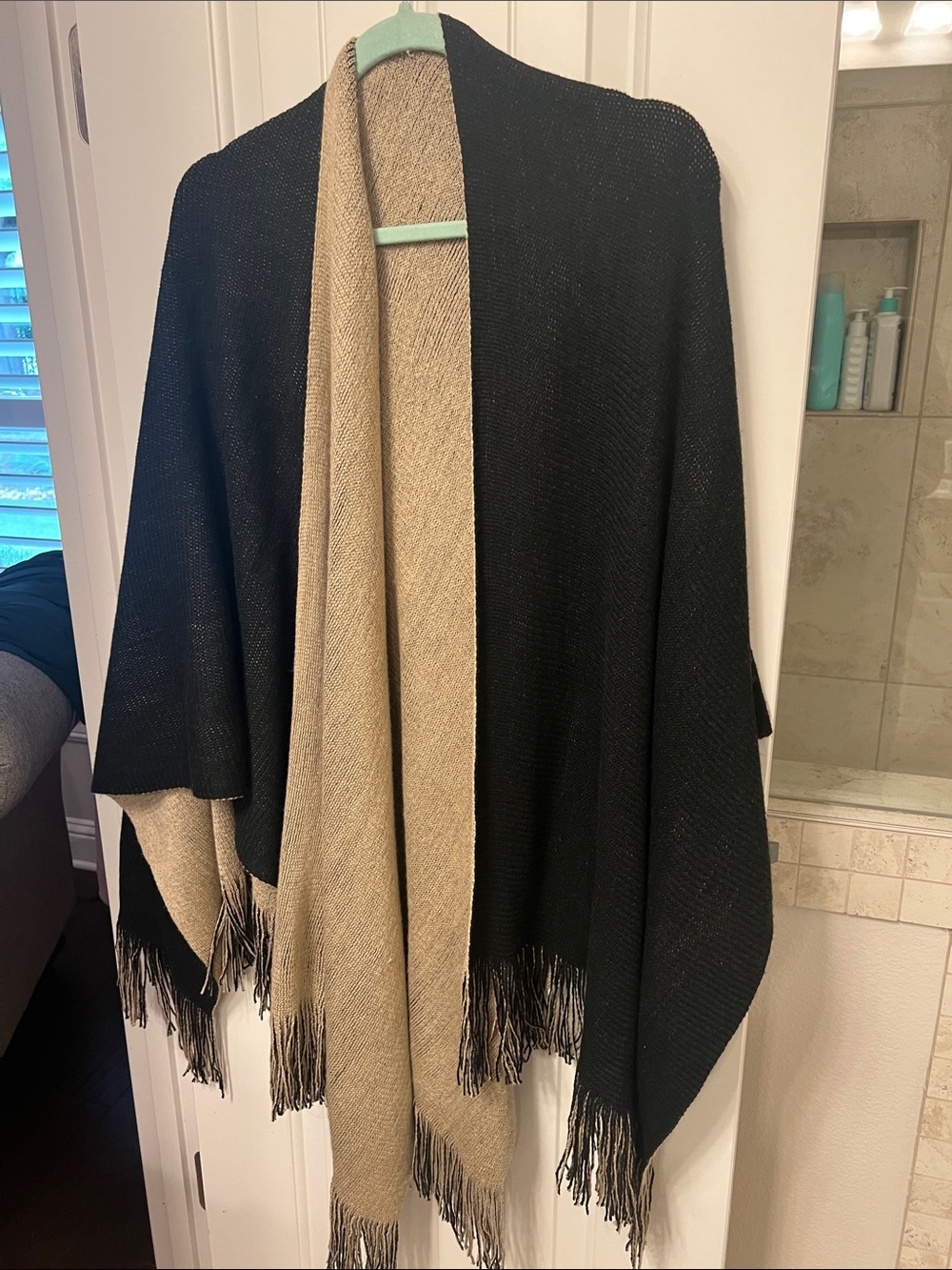Reversible Black and Tan Fringed Ruana